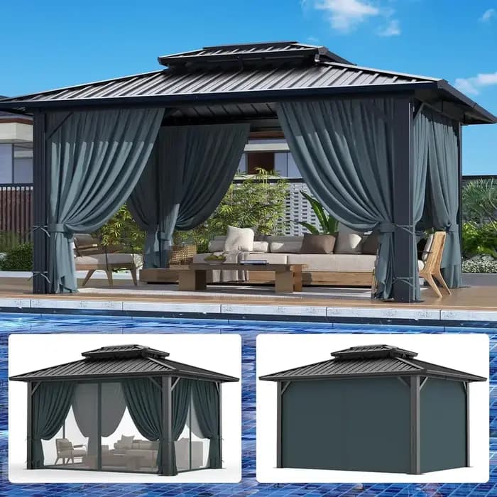 Gazebo rigide avec double toit en acier galvanisé, rideaux et filet ignifuges, gazebo extérieur à ca