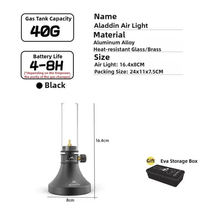 Lampe à gaz portable MOUNTAINHIKER Aladdin, abat-jour en verre rétro, lampe d'ambiance pour la pêche