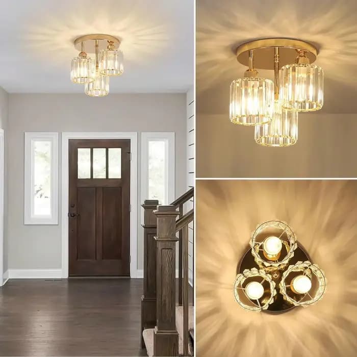 Plafonnier semi-encastré moderne à 3 lumières, verre cristal doré près du plafond, luminaire pour cuisine, couloir, chambre à coucher