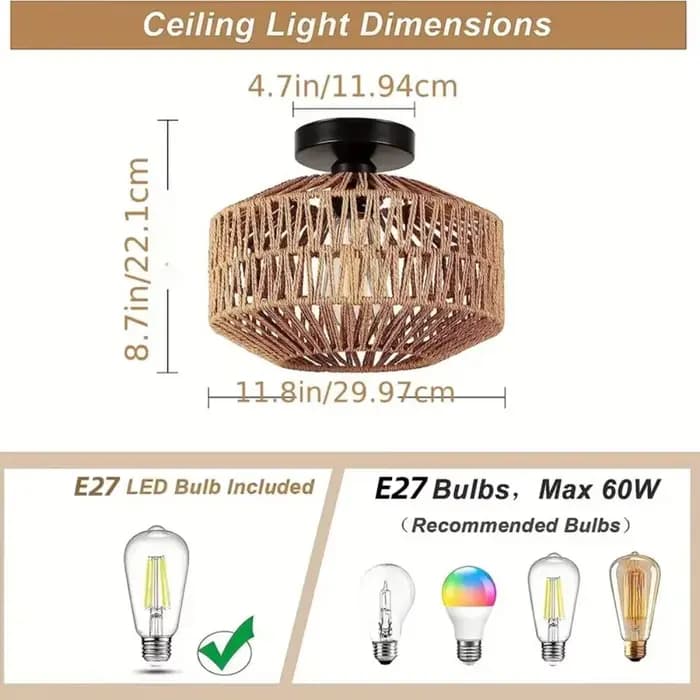 Lustre rétro de ferme française – Abat-paille et Jute tissé à la main avec cadre en fer forgé, éclairage de plafond rustique pour cafés