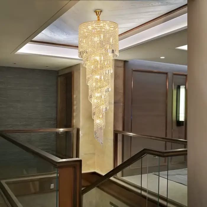 Lustre long en cristal pour escalier, lampe suspendue créative, luminaire LED de luxe pour la décoration de la maison, lustre moderne doré pour hall d'entrée