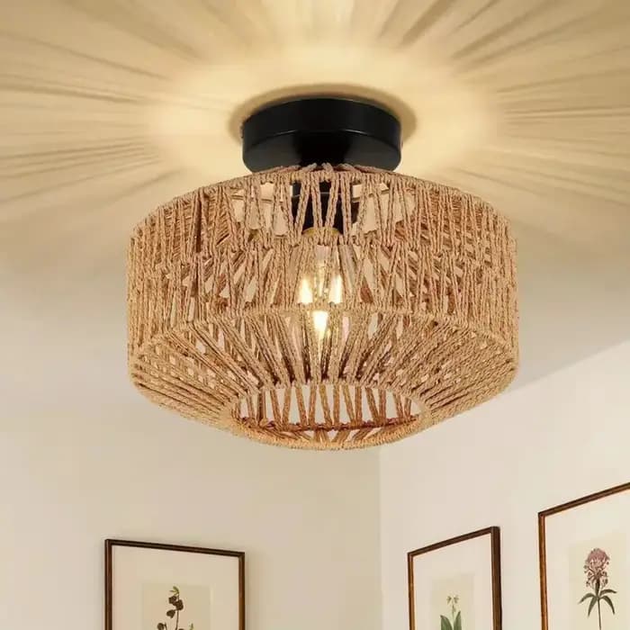 Lustre rétro de ferme française – Abat-paille et Jute tissé à la main avec cadre en fer forgé, éclairage de plafond rustique pour cafés