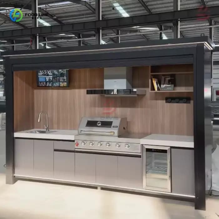 Îlot de cuisine extérieur personnalisé, léger, durable, avec structure en aluminium, équipé d'un évier et d'un meuble de rangement