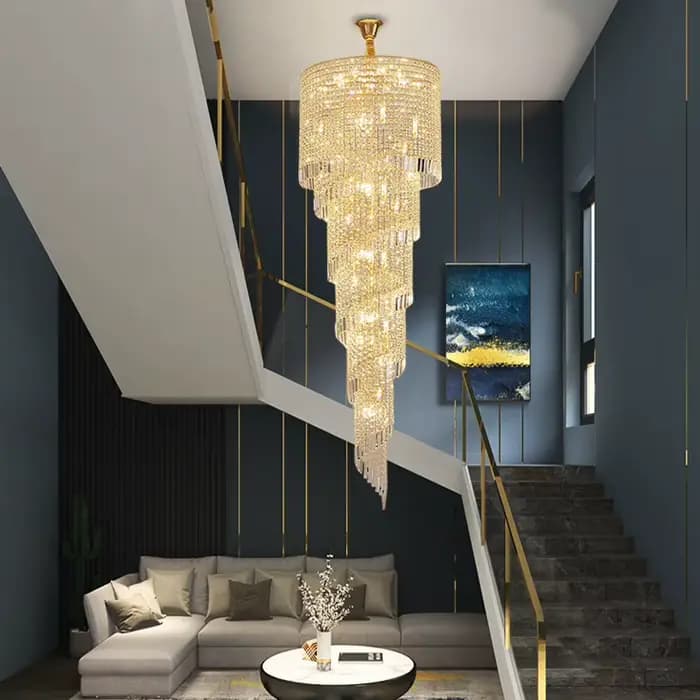 Lustre long en cristal pour escalier, lampe suspendue créative, luminaire LED de luxe pour la décoration de la maison, lustre moderne doré pour hall d'entrée