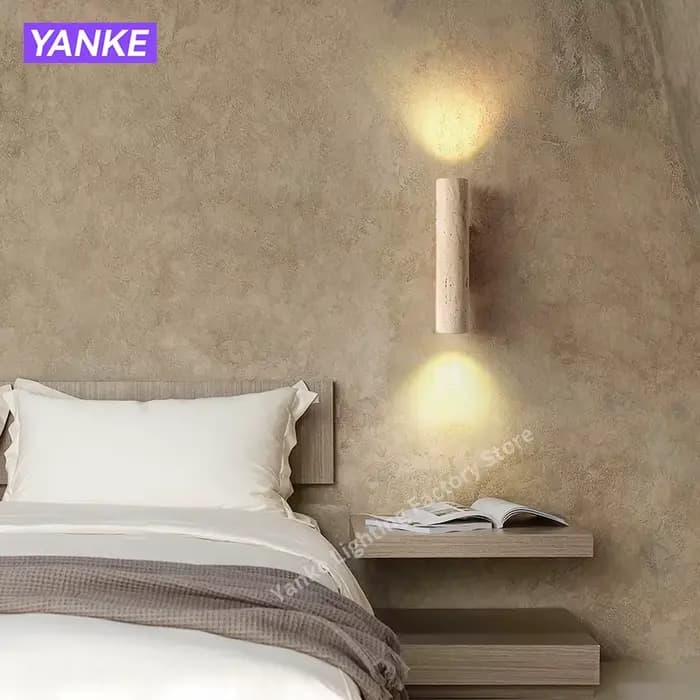 Applique murale en travertin jaune, Design Vintage, bois et pierre, luminaire LED, chambre à coucher, salon, chevet, décoration de la maison