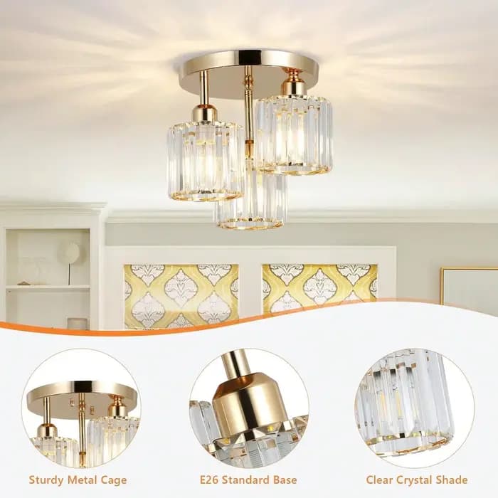 Plafonnier semi-encastré moderne à 3 lumières, verre cristal doré près du plafond, luminaire pour cuisine, couloir, chambre à coucher