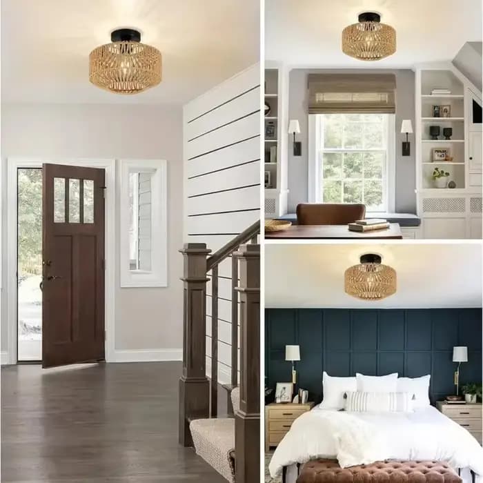 Lustre rétro de ferme française – Abat-paille et Jute tissé à la main avec cadre en fer forgé, éclairage de plafond rustique pour cafés
