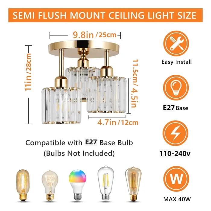 Plafonnier semi-encastré moderne à 3 lumières, verre cristal doré près du plafond, luminaire pour cuisine, couloir, chambre à coucher