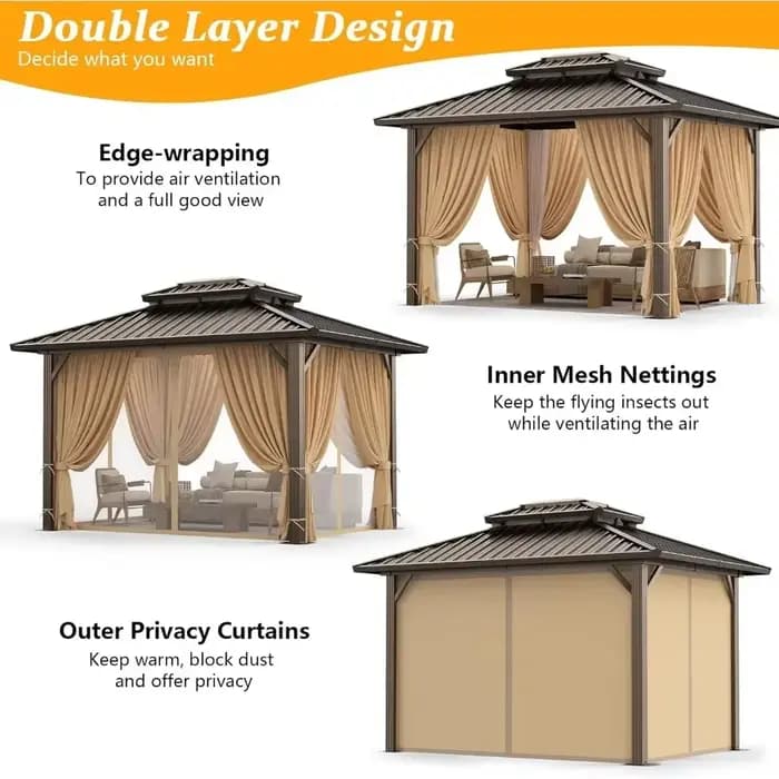 Gazebo rigide avec double toit en acier galvanisé, rideaux et filet ignifuges, gazebo extérieur à cadre en aluminium