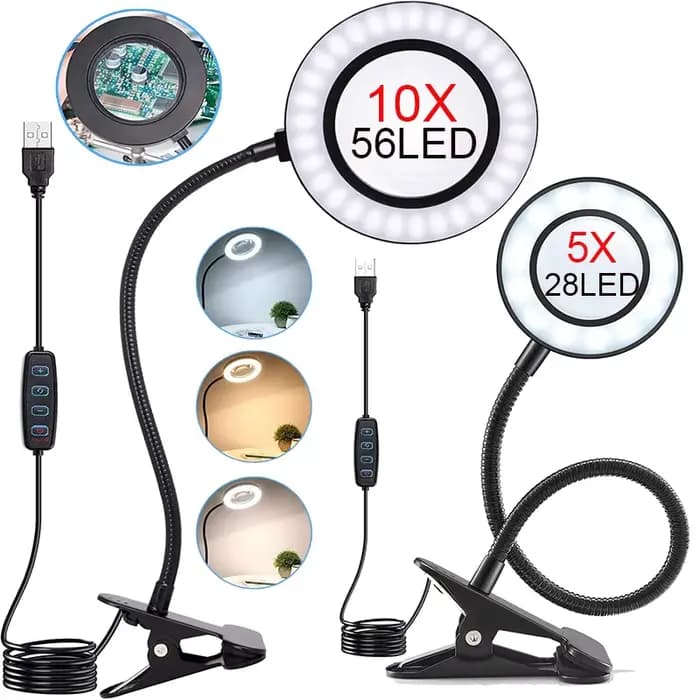 Loupe grossissante 5/10X avec lumière, 3 couleurs, 10 niveaux de luminosité, lampe loupe à 28/56 LED pour la lecture, l'artisanat, la peinture et les travaux de précision