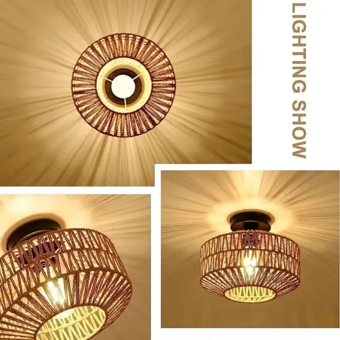Lustre rétro de ferme française – Abat-paille et Jute tissé à la main avec cadre en fer forgé, éclairage de plafond rustique pour cafés