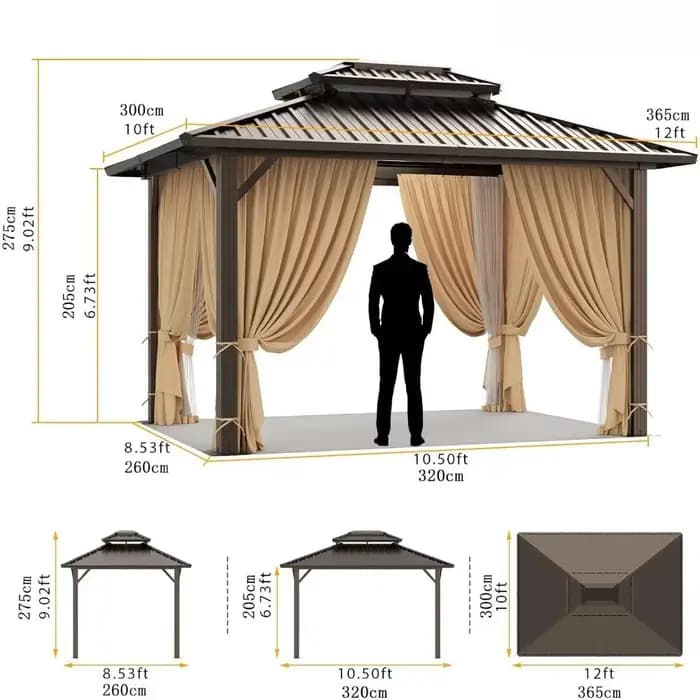 Gazebo rigide avec double toit en acier galvanisé, rideaux et filet ignifuges, gazebo extérieur à cadre en aluminium