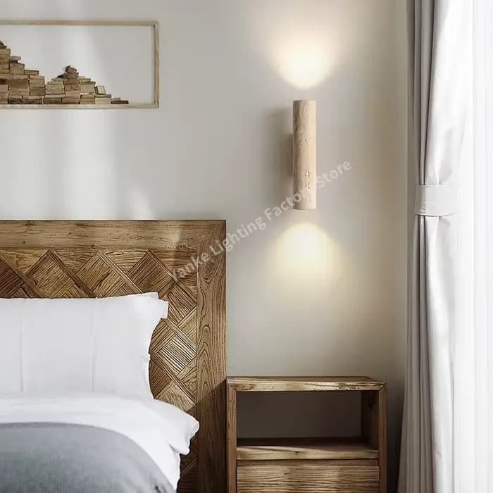 Applique murale en travertin jaune, Design Vintage, bois et pierre, luminaire LED, chambre à coucher, salon, chevet, décoration de la maison