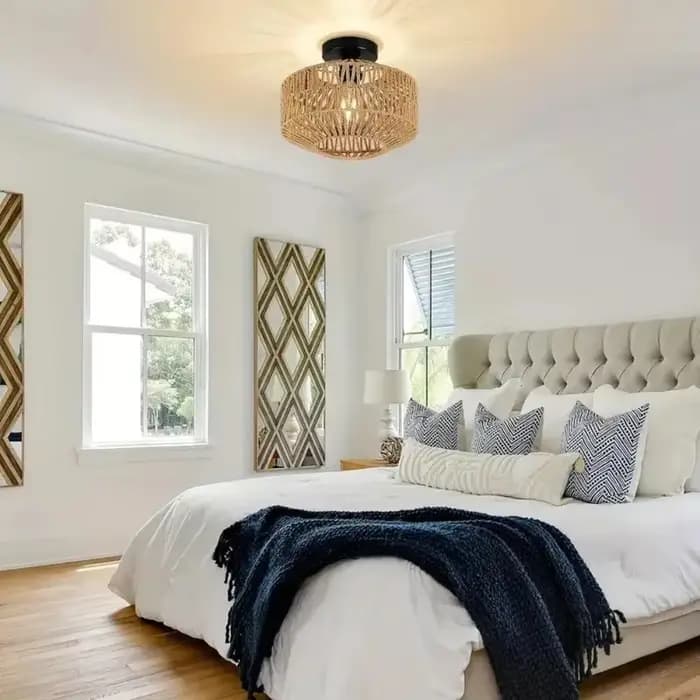 Lustre rétro de ferme française – Abat-paille et Jute tissé à la main avec cadre en fer forgé, éclairage de plafond rustique pour cafés