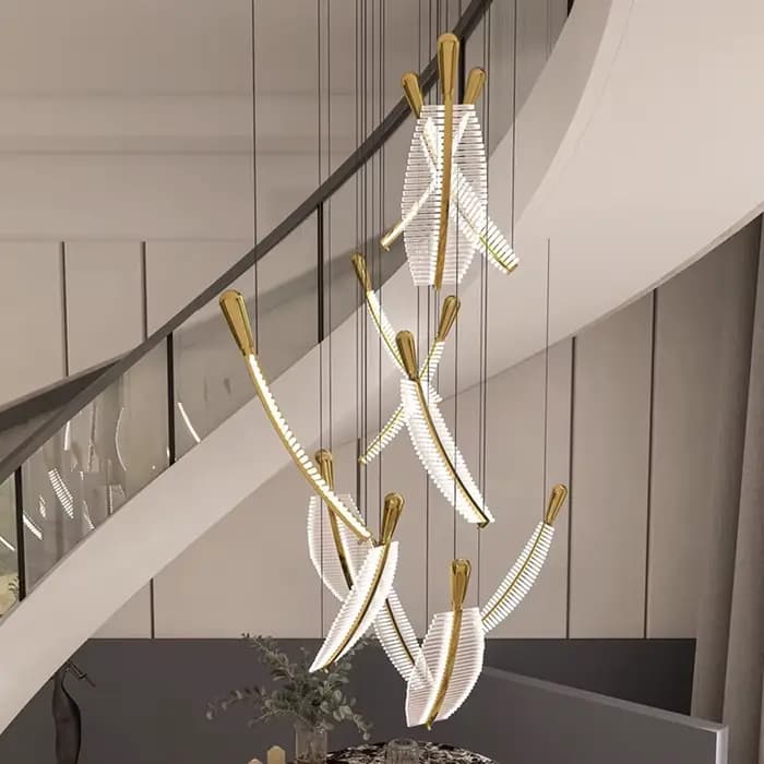 Lustre d'escalier moderne LED hôtel salon Restaurant feuille lustre Art design suspension lampe décoration créative longue lampe