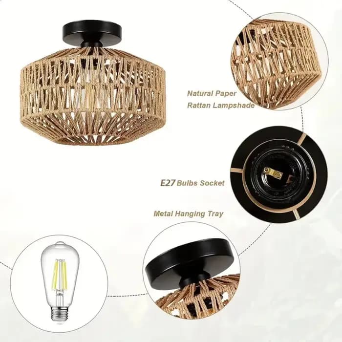 Lustre rétro de ferme française – Abat-paille et Jute tissé à la main avec cadre en fer forgé, éclairage de plafond rustique pour cafés