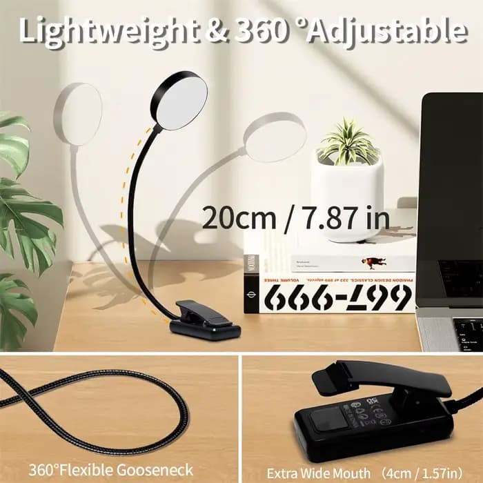 LED livre lumière lampe de lecture soin des yeux Clip-on USB Rechargeable lampe à intensité variable réglable Flexible lampe de lecture de nuit