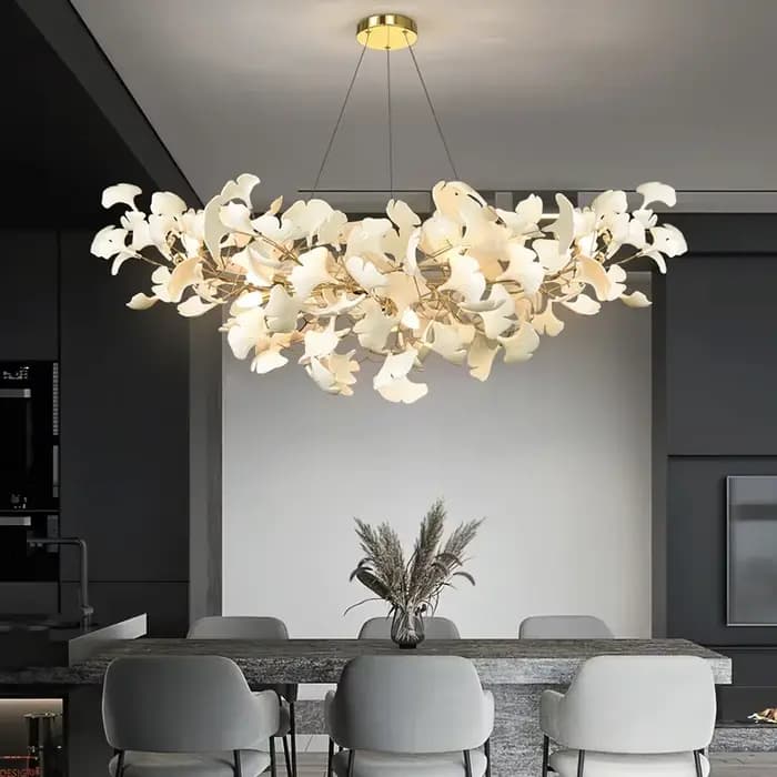 Lustre scandinave doré argent Long blanc feuille de Ginko, Lustre Suspension salon salle à manger ch