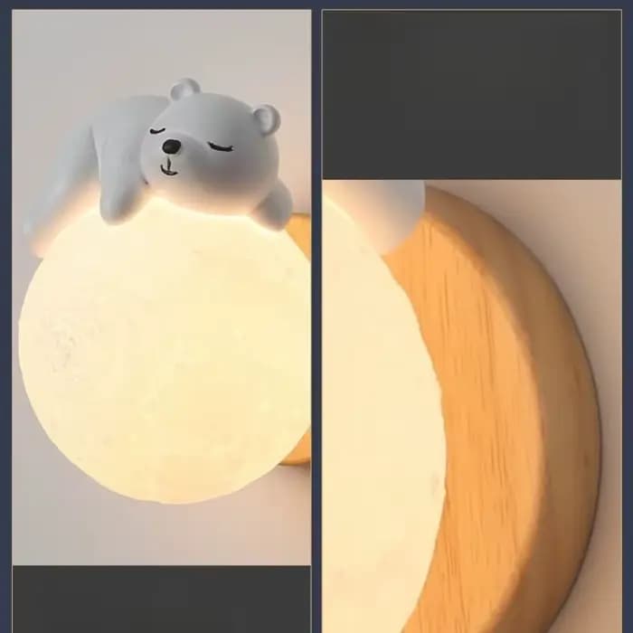 Lampe murale en bois naturel style crème, mignonne lampe de chevet planète animale de dessin animé, lampe moderne et simple pour chambre d'enfant