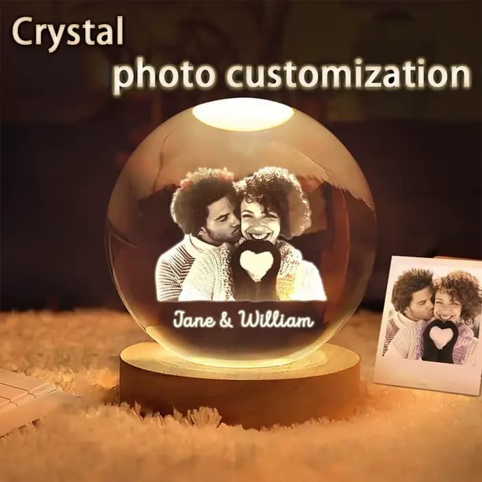 Boule de cristal personnalisée Photo LED veilleuse chambre bureau décoration cadeau mariage Couple Parents animaux Photos Souvenir cadeaux