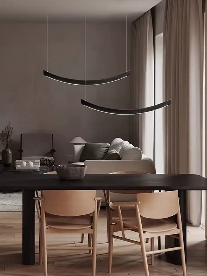 Arc en bois moderne minimaliste longue suspension LED Restaurant Table à manger lustres à la mode luminaires bûche naturelle