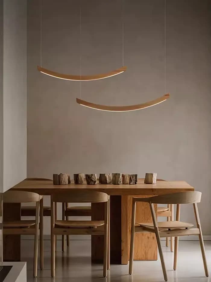 Arc en bois moderne minimaliste longue suspension LED Restaurant Table à manger lustres à la mode luminaires bûche naturelle