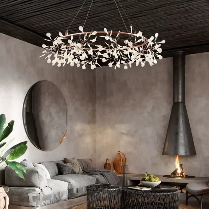 Lustre Nordique Artistique Suspendu pour Salon, Lampe Moderne pour Restaurant et Cuisine, Luminaire Gypsophile Doré Rose/Noir en Forme de Branche Ronde pour Intérieur