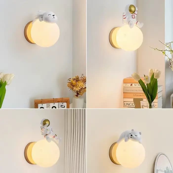 Lampe murale en bois naturel style crème, mignonne lampe de chevet planète animale de dessin animé, lampe moderne et simple pour chambre d'enfant