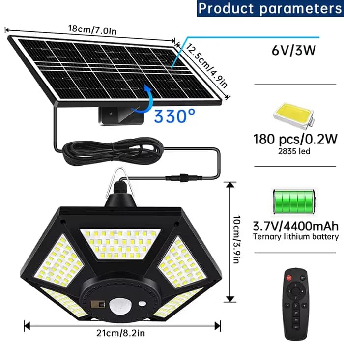 Lampe Solaire Suspendue avec Télécommande, Éclairage d'Intérieur et d'Extérieur à 180LED et 5 Modes d'Éclairage, Accessoire avec Détecteur de Mouvement, idéal pour un Garage, un Patio ou une Grange