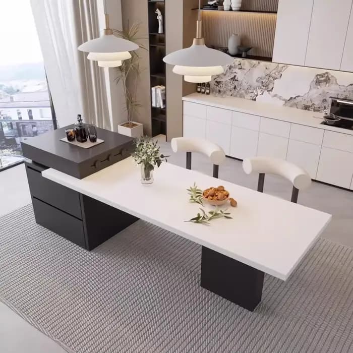 Chariot d'îlot de cuisine avec table à manger extensible pour 4 à 6 personnes, îlot de cuisine roulant avec plateau en ardoise, barre d'îlot de cuisine de rangement