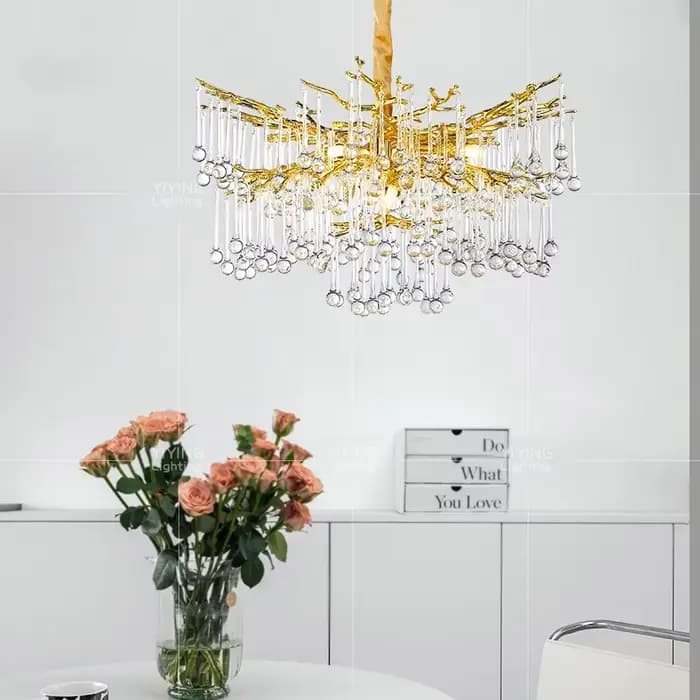 Lustre en cristal de gouttelette d'eau de luxe pour plafond salon décor chambre doré branche suspendue luminaire suspendu