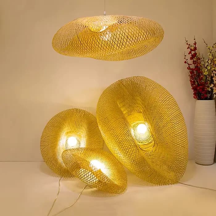 Lampe suspendue en bambou tressé pour salon, salle à manger, salon de thé – Décoration créative en forme de chapeau ondulé en rotin tressé