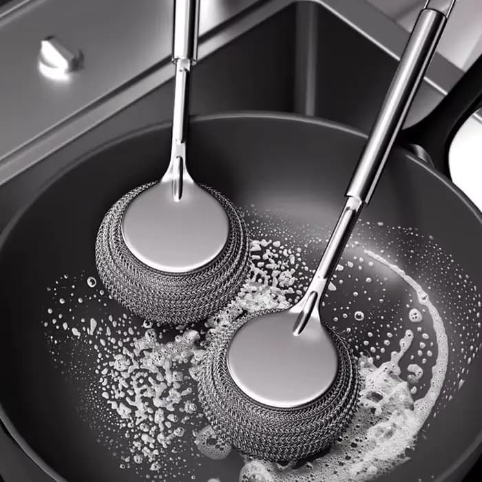 Brosse de Pot en acier inoxydable, brosse spéciale de cuisine, lavage de Pot, boule de laine en acier, brosse de nettoyage de vaisselle à Long manche, brosse de Pot, outil magique
