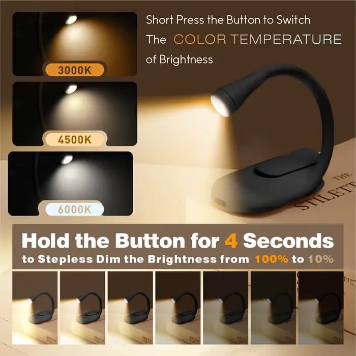 Lampe de lecture LED pour livre, protection des yeux, 3 couleurs réglables, lumière à clip 360° ° Lampe d'étude pliable rechargeable pour la lecture en voyage ou dans la chambre