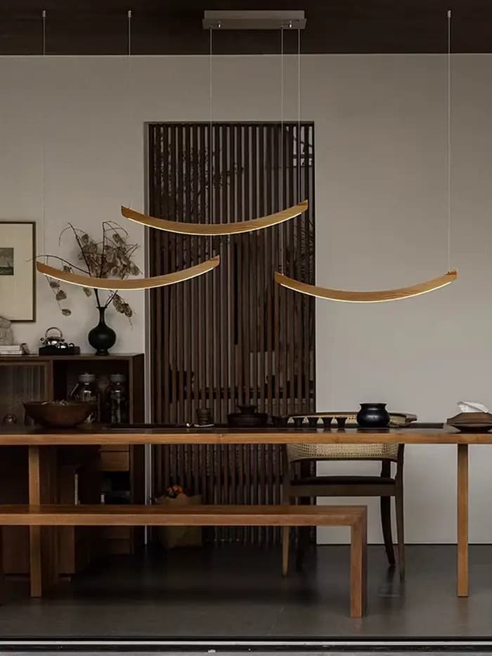 Arc en bois moderne minimaliste longue suspension LED Restaurant Table à manger lustres à la mode luminaires bûche naturelle