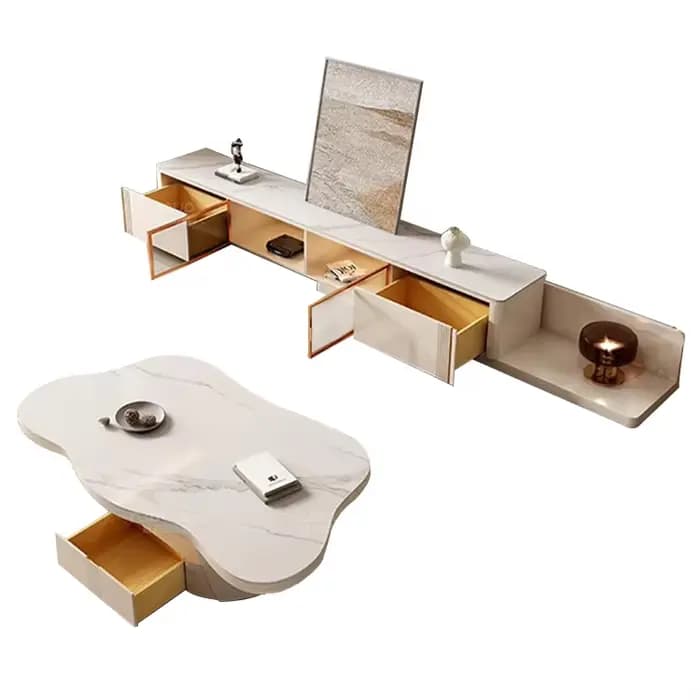 Le style moderne du salon, avec de grandes tables basses au centre et des deux côtés