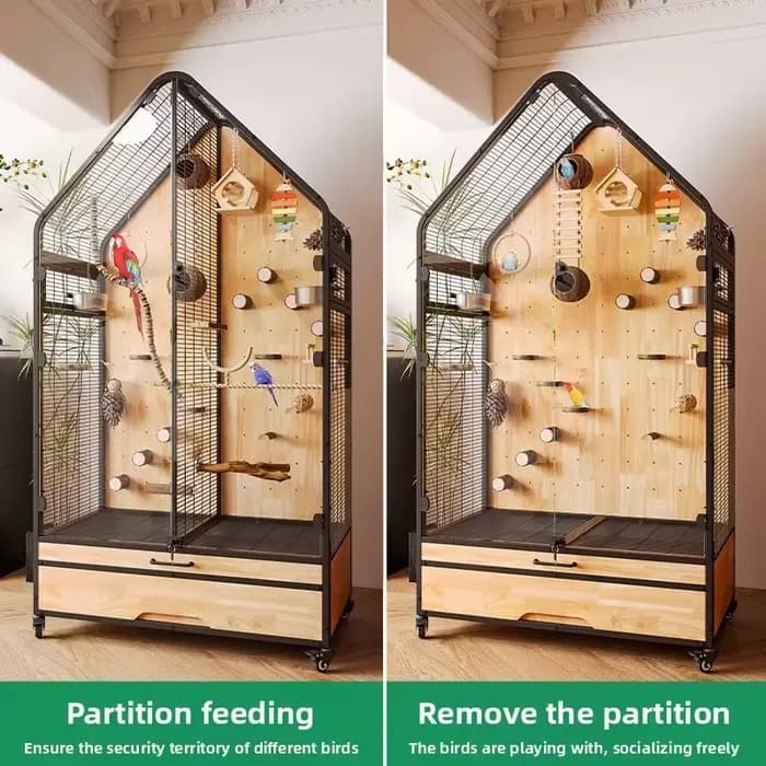 Cage à oiseaux panoramique en bois massif 2026, design de villa de luxe pour oiseaux moyens et grands avec bricolage modulable