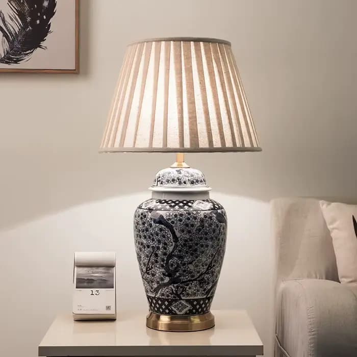 Lampe de table en céramique bleue vintage, grandes lampes de table en porcelaine pour villa, salon, maison, chambre à coucher de luxe, éclairage de chevet