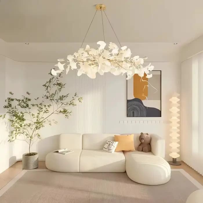 Lustre scandinave doré argent Long blanc feuille de Ginko, Lustre Suspension salon salle à manger chambre décoration