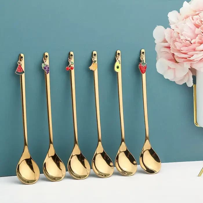 Nouveau Cuillère pendentif fruits doré, vaisselle en acier inoxydable, cuillère à remuer, cuillère à café en argent