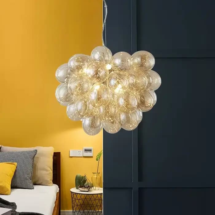 Suspension en verre de raisin de lustre de bulle de ballon nordique, lampe pour la chambre à coucher, luxe, décoration à la maison, gris fumé