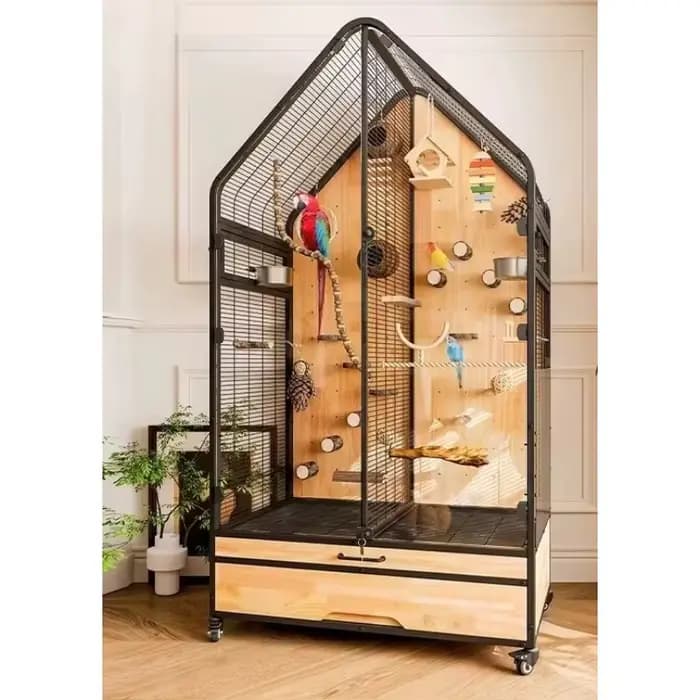Cage à oiseaux panoramique en bois massif 2026, design de villa de luxe pour oiseaux moyens et grands avec bricolage modulable