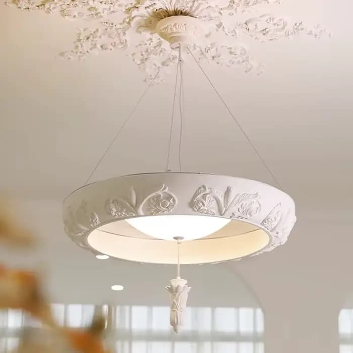 Lustre artistique en plâtre sculpté rétro blanc gypse rond suspension chambre salon milieu du siècle plafonnier français