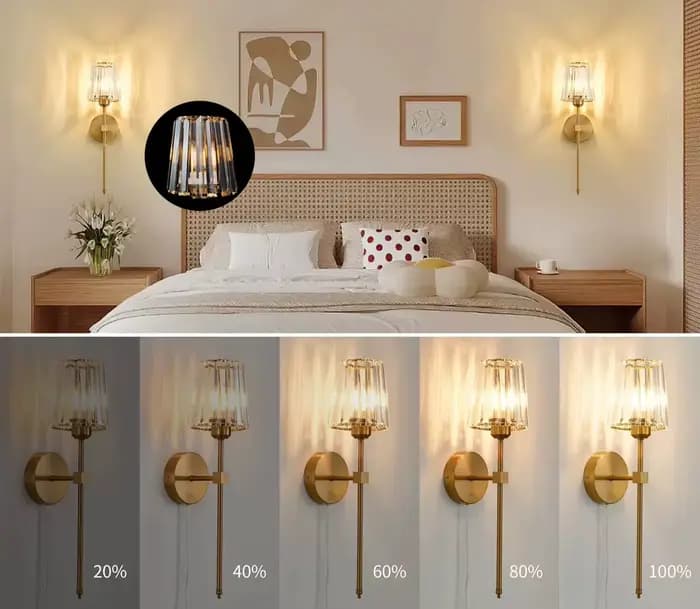 Lot de 2 appliques murales en cristal, applique murale à intensité variable avec abat-jour en cristal pour salon, chambre à coucher, ampoules incluses