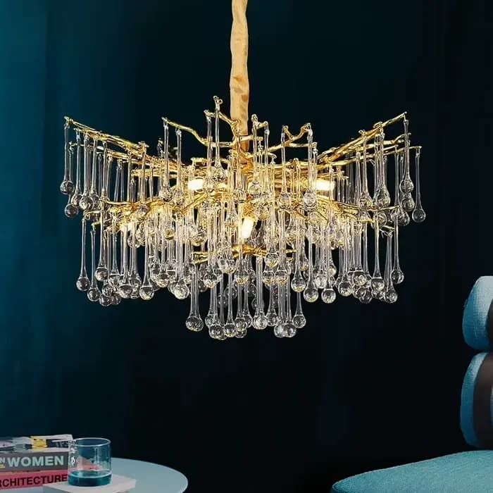 Lustre en cristal de gouttelette d'eau de luxe pour plafond salon décor chambre doré branche suspendue luminaire suspendu