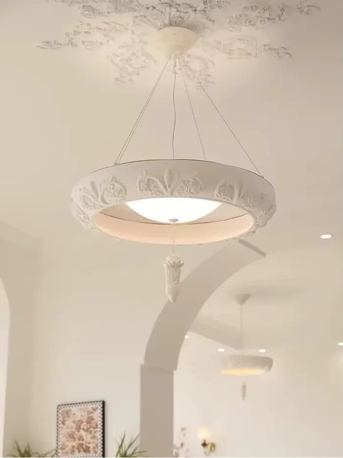 Lustre artistique en plâtre sculpté rétro blanc gypse rond suspension chambre salon milieu du siècle plafonnier français