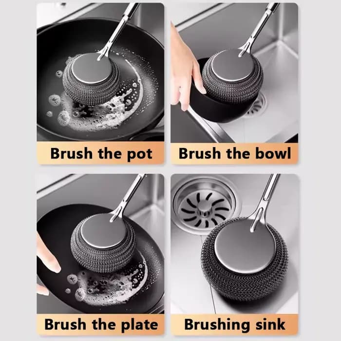 Brosse de Pot en acier inoxydable, brosse spéciale de cuisine, lavage de Pot, boule de laine en acier, brosse de nettoyage de vaisselle à Long manche, brosse de Pot, outil magique