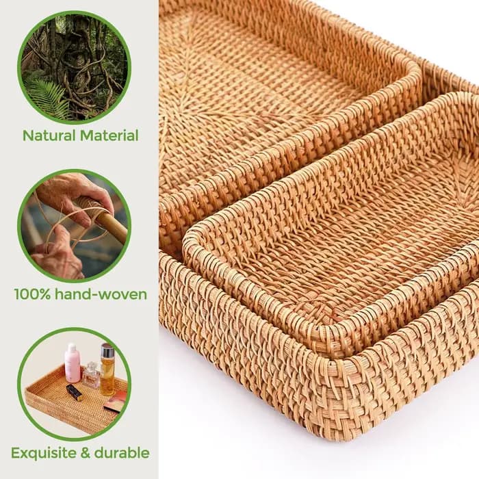 Plateau de service en rotin, panier rectangulaire, paniers de rangement et d'organisation en osier, plateau décoratif tressé naturel pour la décoration intérieure