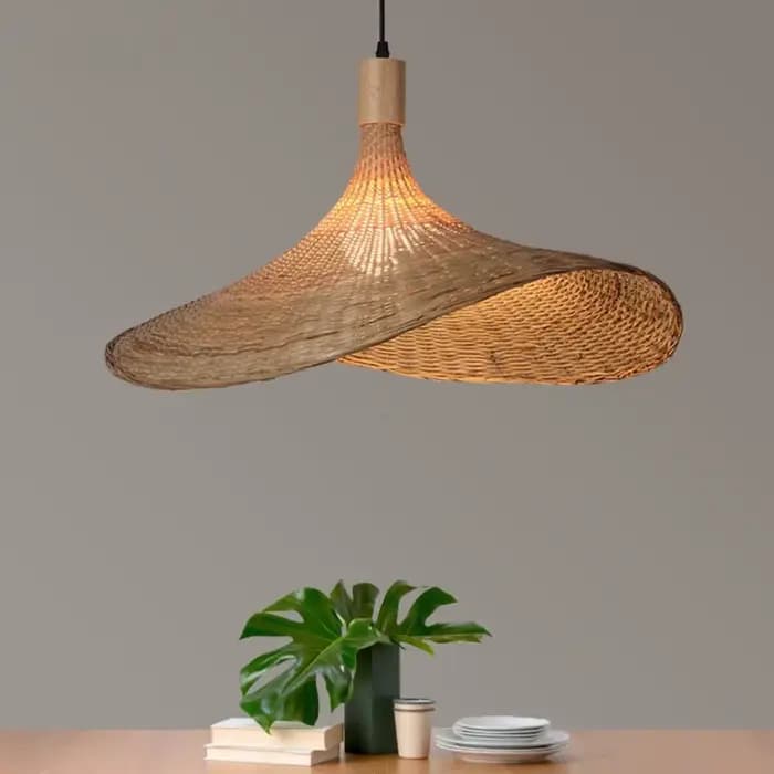COOINJOY lampe suspendue en bambou 50 cm tissé à la main Wabi-sabi lustre en rotin Design de chapeau rétro pour chambre salle à manger plafonnier