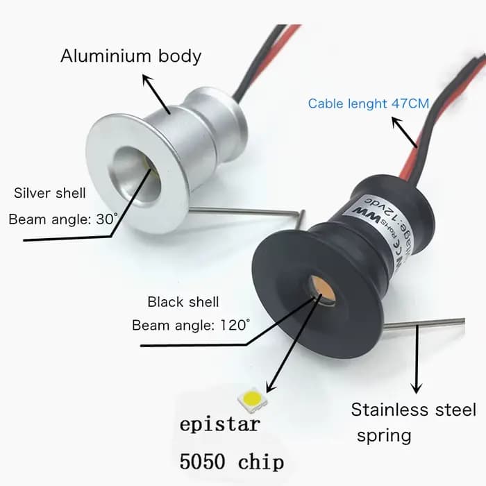 Petit Spot lumineux 1W Mini projecteur LED 12V Dimmable 15mm découpe encastré Downlight IP65 plafonnier vitrine affichage éclairage